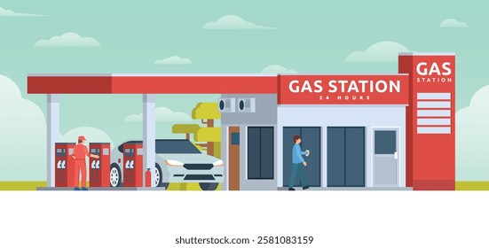 Gas Station with Shop Vector Illustration. Clean Flat Design and Modular Element. Fully Editable and Easy to Customize