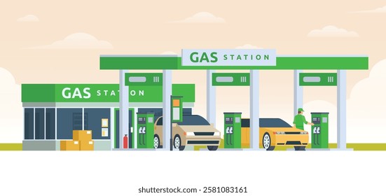 Gas Station with Shop Vector Illustration. Clean Flat Design and Modular Element. Fully Editable and Easy to Customize