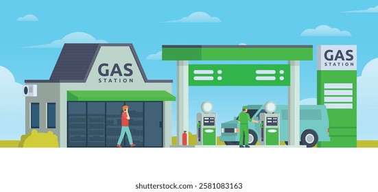 Gas Station with Shop Vector Illustration. Clean Flat Design and Modular Element. Fully Editable and Easy to Customize