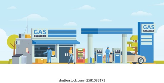 Gas Station with Shop Vector Illustration. Clean Flat Design and Modular Element. Fully Editable and Easy to Customize