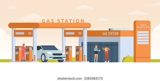 Gas Station with Shop Vector Illustration. Clean Flat Design and Modular Element. Fully Editable and Easy to Customize