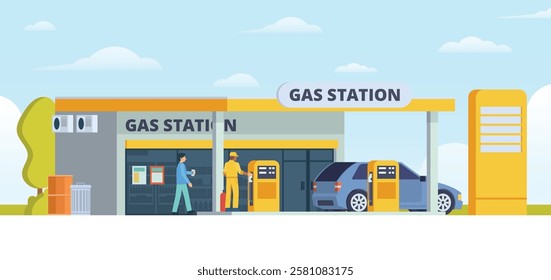 Gas Station with Shop Vector Illustration. Clean Flat Design and Modular Element. Fully Editable and Easy to Customize