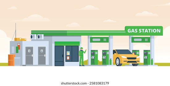 Gas Station with Shop Vector Illustration. Clean Flat Design and Modular Element. Fully Editable and Easy to Customize