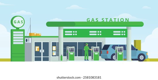 Gas Station with Shop Vector Illustration. Clean Flat Design and Modular Element. Fully Editable and Easy to Customize