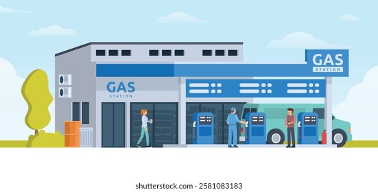 Gas Station with Shop Vector Illustration. Clean Flat Design and Modular Element. Fully Editable and Easy to Customize