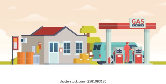 Gas Station with Shop Vector Illustration. Clean Flat Design and Modular Element. Fully Editable and Easy to Customize