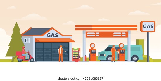 Gas Station with Shop Vector Illustration. Clean Flat Design and Modular Element. Fully Editable and Easy to Customize