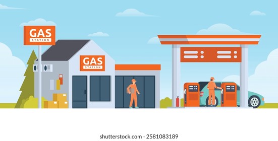 Gas Station with Shop Vector Illustration. Clean Flat Design and Modular Element. Fully Editable and Easy to Customize