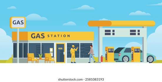 Gas Station with Shop Vector Illustration. Clean Flat Design and Modular Element. Fully Editable and Easy to Customize