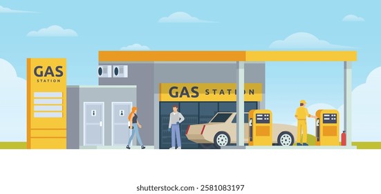 Gas Station with Shop Vector Illustration. Clean Flat Design and Modular Element. Fully Editable and Easy to Customize