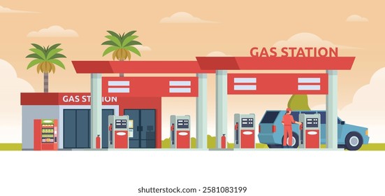 Gas Station with Shop Vector Illustration. Clean Flat Design and Modular Element. Fully Editable and Easy to Customize