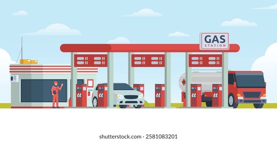 Gas Station with Shop Vector Illustration. Clean Flat Design and Modular Element. Fully Editable and Easy to Customize