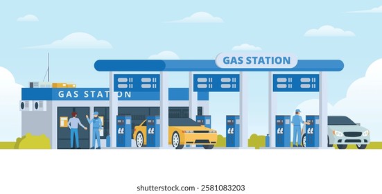 Gas Station with Shop Vector Illustration. Clean Flat Design and Modular Element. Fully Editable and Easy to Customize