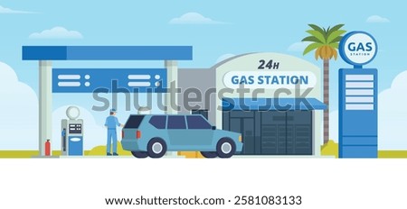 Gas Station with Shop Vector Illustration. Clean Flat Design and Modular Element. Fully Editable and Easy to Customize