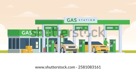 Gas Station with Shop Vector Illustration. Clean Flat Design and Modular Element. Fully Editable and Easy to Customize