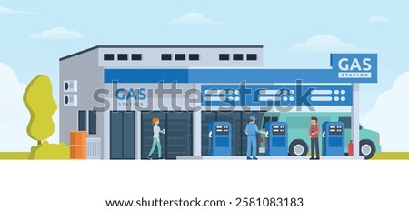Gas Station with Shop Vector Illustration. Clean Flat Design and Modular Element. Fully Editable and Easy to Customize