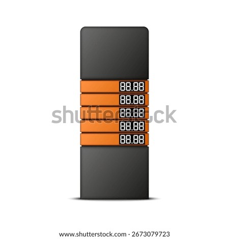 Gas station sign board column 3d vector mockup black and orange front view with digital fuel price display board with segmented numbers, for showing petrol at gas stations, diesel, and energy tariffs.