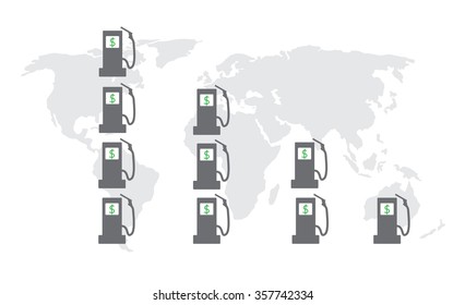 Gas station sign on world map representing fuel price drop. Vector illustration