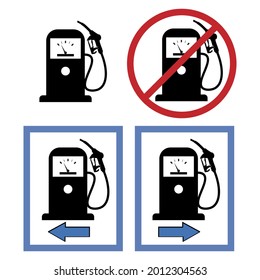 Señales de la gasolinera. Un conjunto de señales de información para las direcciones de la estación de gas a la izquierda, a la derecha, prohibición, etiqueta. Ilustración sobre fondo blanco
