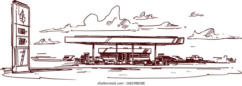 Gas Station Sketch Illustration. Filling Station