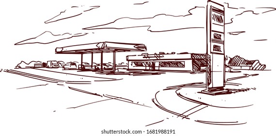 Gas Station Sketch Illustration. Filling Station