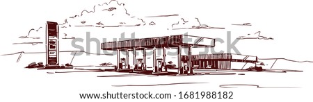 Gas Station Sketch Illustration. Filling Station