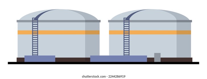 Gas station with storage of petroleum in cylinder containers with ladders. Industry and production of oil, fuel and petrol business. Vector in flat style