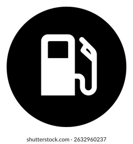 A gas station symbol in the center. Isolated white symbol in black circle. Vector illustration on white background