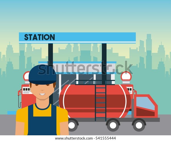 gas station, tanker truck and worker man\
icon. colorful design. vector\
illustration