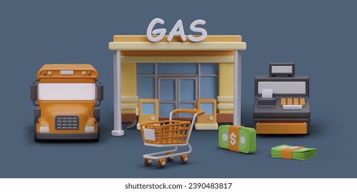 Gas station with text sign. Vector building, bus, shopping cart, cash register, money. Composition on dark background. Horizontal banner for gas station advertising