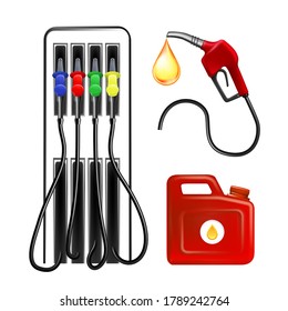 Gas Station Tool, Hosepipe And Canister Set Vector. Collection Of Fuel Station Equipment, Hose Pipe With Petrol Drop And Jerrycan. Car Refueling Service Template Realistic 3d Illustrations