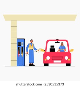 Gas station with two male characters in flat vector illustration symbolizing refueling and travel services, isolated on white background.