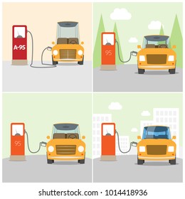 Gas station with various types of car. Vector color flat illustration isolated on other background.