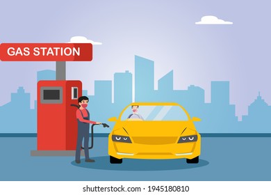 Gas Station Vector Concept: Male Worker Filling The Petrol To The Car In Gas Station While Wearing Face Mask