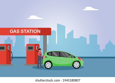 Gas Station Vector Concept: Young Man Filling The Petroleum To The Car While Wearing Face Mask