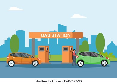 Gas Station Vector Concept: Young Man Filling The Petrol To The Car While Wearing Face Mask