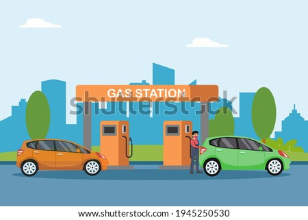 Gas station vector concept: Young man filling the petrol to the car while wearing face mask