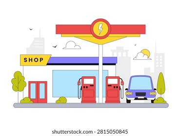 Gas Station Vector Illustration Featuring Fuel Service, Petrol Station, Car Refueling, Energy Supply, Gas Pumps, and Transportation Infrastructure
