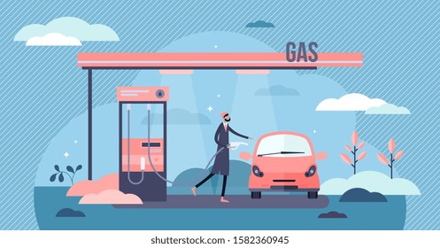 Gas station vector illustration. Fuel refill process in flat tiny person concept. Diesel and gasoline building for cars and trucks transportation fossil supply. Nature power resource industry business