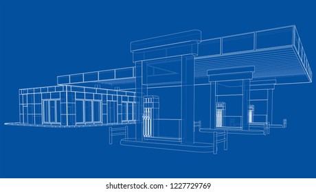 Gas Station. Vector rendering of 3d. Wire-frame style. The layers of visible and invisible lines are separated