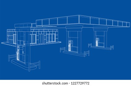 Gas Station. Vector rendering of 3d. Wire-frame style. The layers of visible and invisible lines are separated