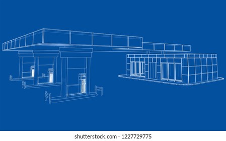 Gas Station. Vector rendering of 3d. Wire-frame style. The layers of visible and invisible lines are separated