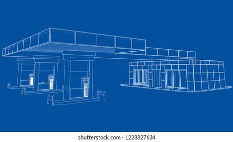 Gas Station. Vector rendering of 3d. Wire-frame style. The layers of visible and invisible lines are separated