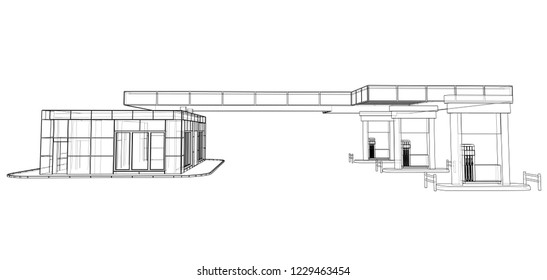 Gas Station. Vector rendering of 3d. Wire-frame style. The layers of visible and invisible lines are separated