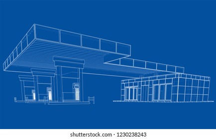 Gas Station. Vector rendering of 3d. Wire-frame style. The layers of visible and invisible lines are separated
