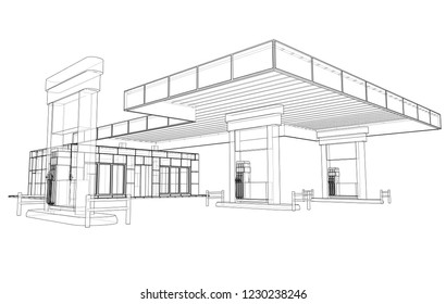 Gas Station. Vector rendering of 3d. Wire-frame style. The layers of visible and invisible lines are separated