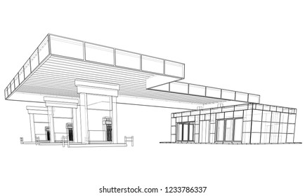 Gas Station. Vector rendering of 3d. Wire-frame style. The layers of visible and invisible lines are separated