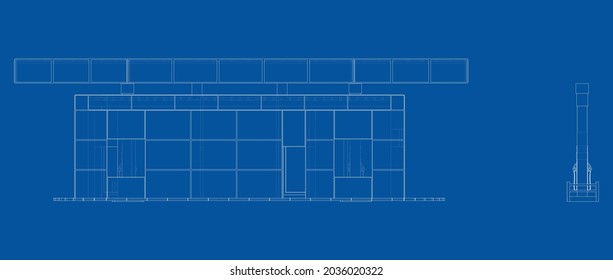 Gas Station. Vector rendering of 3d. Wire-frame style. The layers of visible and invisible lines are separated. Orthography or isometric