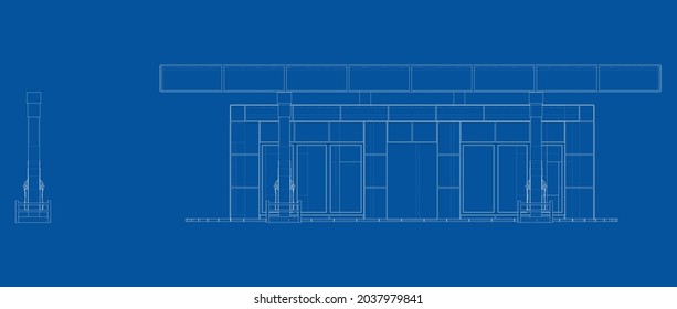 Gas Station. Vector rendering of 3d. Wire-frame style. The layers of visible and invisible lines are separated. Orthography or isometric