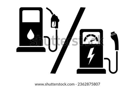 Gas station versus electric charge station vector icons. Refuel car fuel vs charge battery. Vector 10 Eps.